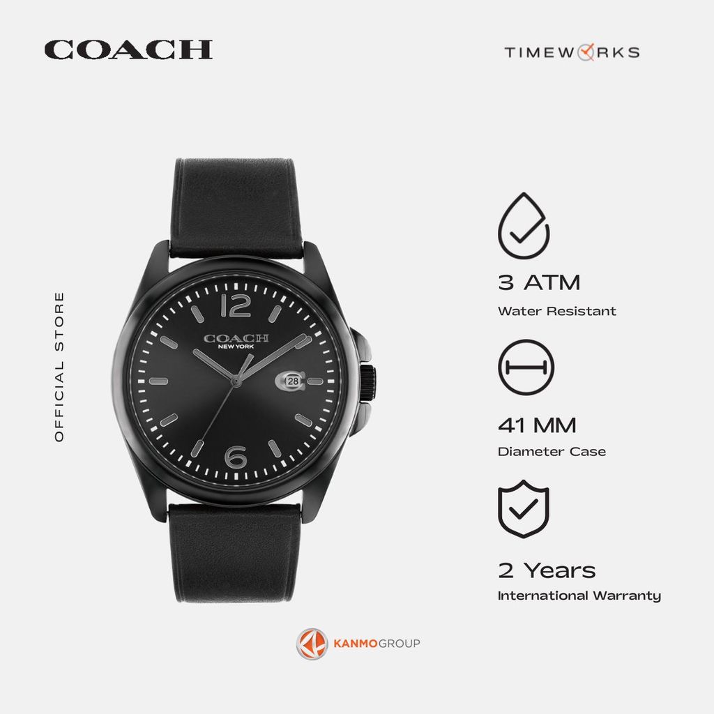 Coach Greyson 3 Hands Date Black Calfskin Leather Strap - Jam Tangan Pria - 14602588
