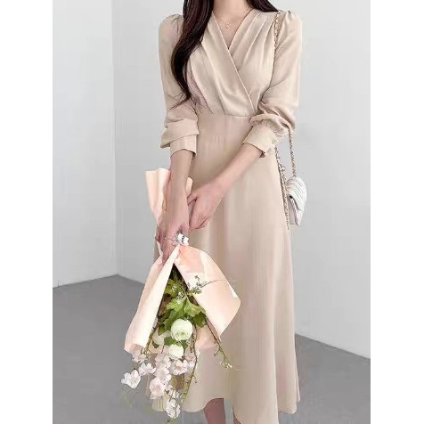 Midi Dress Wanita Kekinian Kondangan Simple Elegan Beige Dress Embroidered Premium Dress Lebaran Sim