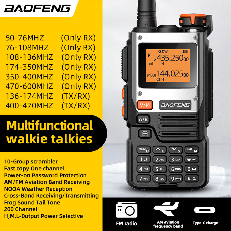 UV-K6 Walkie Talkie Baofeng K5 (8) 5RH 15W UHF charging, VHF, DTMF, FM, NOAA encoder, birectional wi