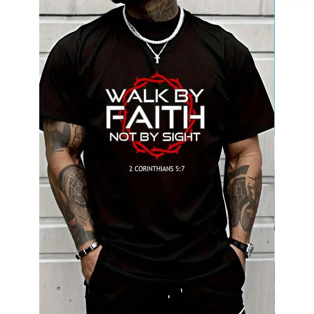 [100% Katun] Jesus Walk By Faith Christian T-Shirt Leher Bulat Kaos Lengan Pendek Kaos Grafis Pria W