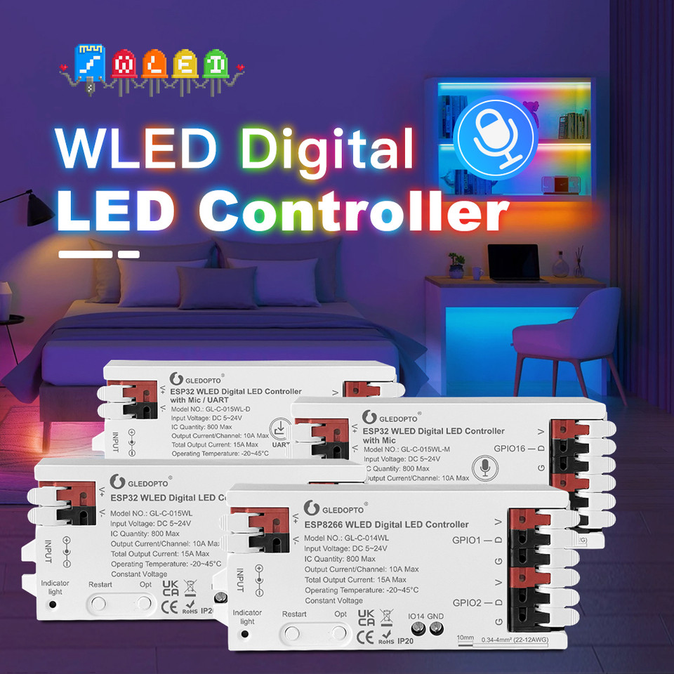 GLEDOPTO WLED LED Strip Controller ESP8266 ESP32 Mic RGB IC gital Lights Addressable String Light WS