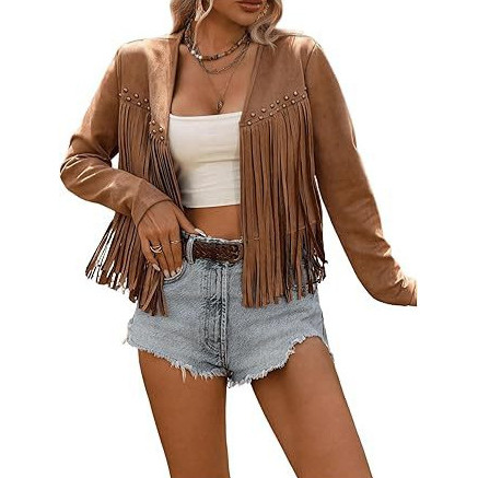 Jaket wanita baru berbahan suede imitasi dengan hiasan rumbai, lengan panjang, dan penutup depan.