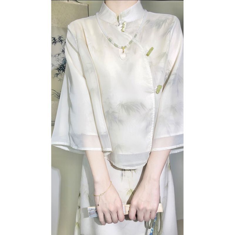 [JINXIU] Cheongsam Baru Dress Panjang Sablon Bambu Peri Gaya Cina Baru Set Dress Zen Fashion Wanita