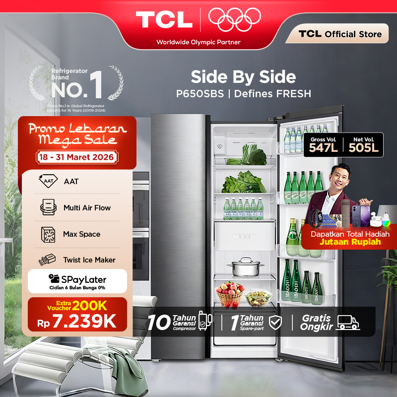 TCL Kulkas 2 Pintu Side by Side – Kapasitas 547L - Metal Gray - Inverter - Lemari Es - P650SBS