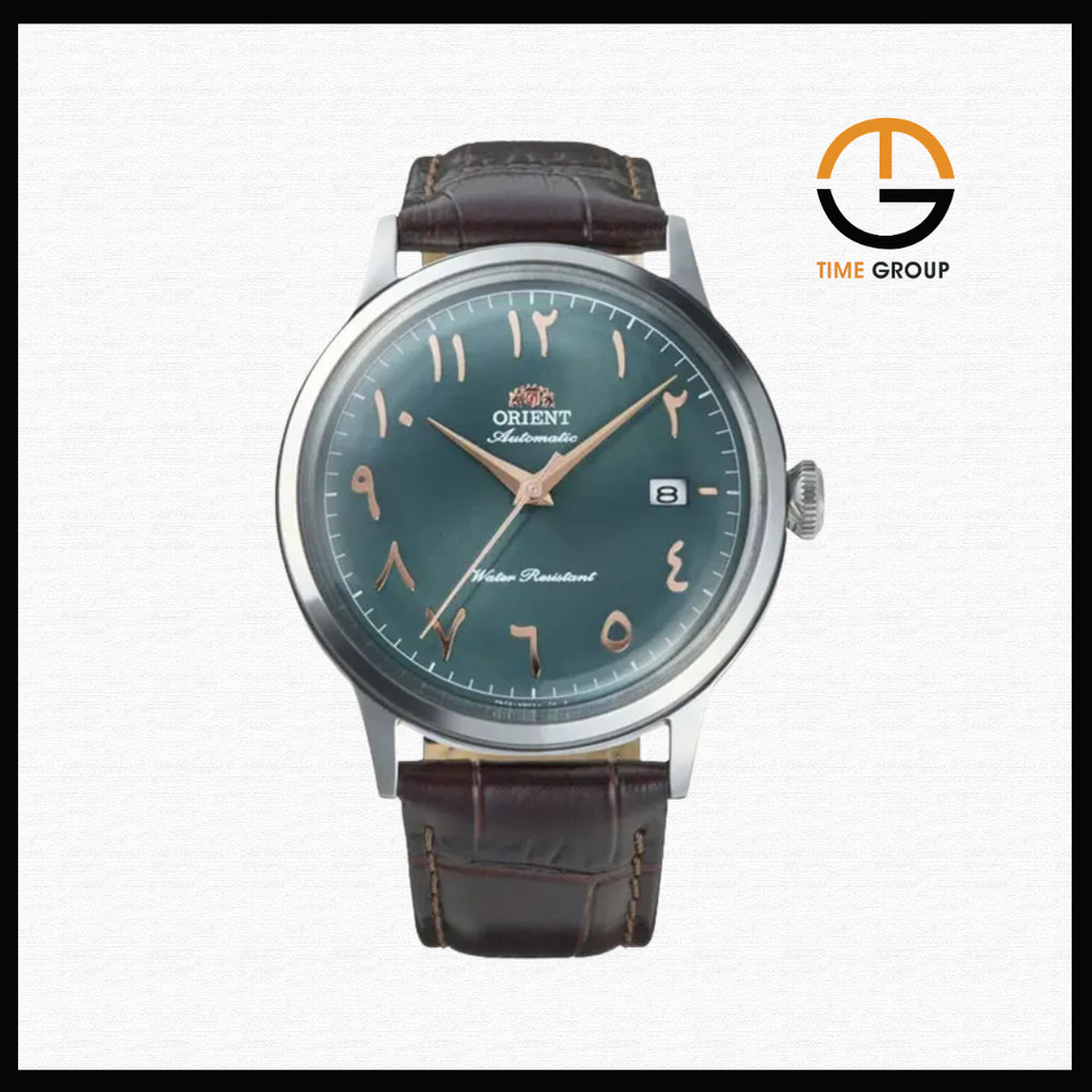 JAM TANGAN PRIA ORIENT CLASSIC RA-AC0035E BAMBINO AUTOMATIC GREEN ARABIC DIAL BROWN LEATHER STRAP