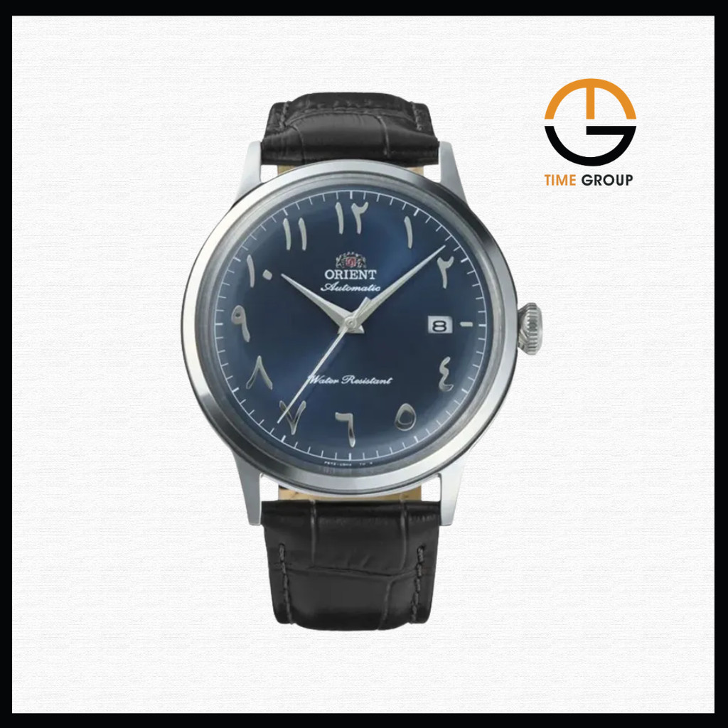JAM TANGAN PRIA ORIENT CLASSIC RA-AC0036L BAMBINO AUTOMATIC NAVY BLUE ARABIC DIAL BLACK LEATHER STRA