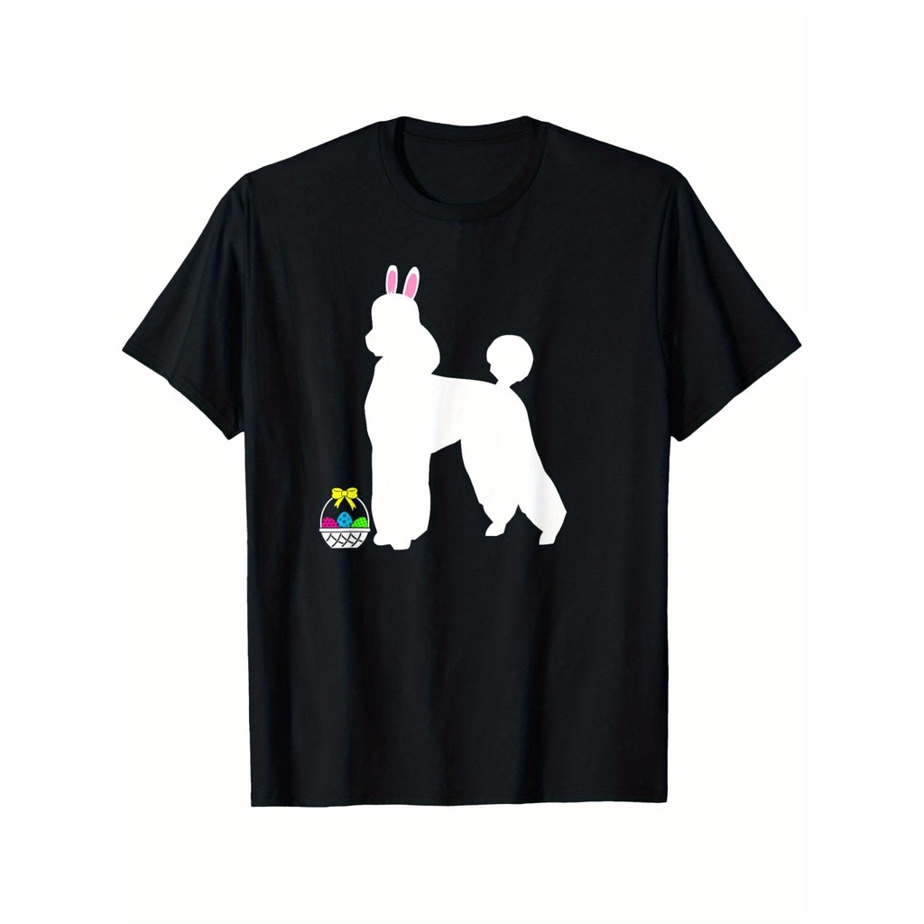 Kaos Anjing Poodle Siluet Kelinci Paskah, 100% Katun, 180g, Kerah Bulat, Hitam, S-XXXL
