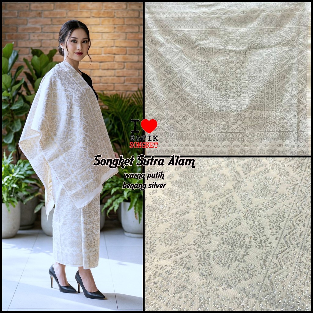 SONGKET BENANG SILVER MOTIF 2 SUTRA ALAM TENUN PALEMBANG MEDAN MINANG LEPUS PUTIH KREM