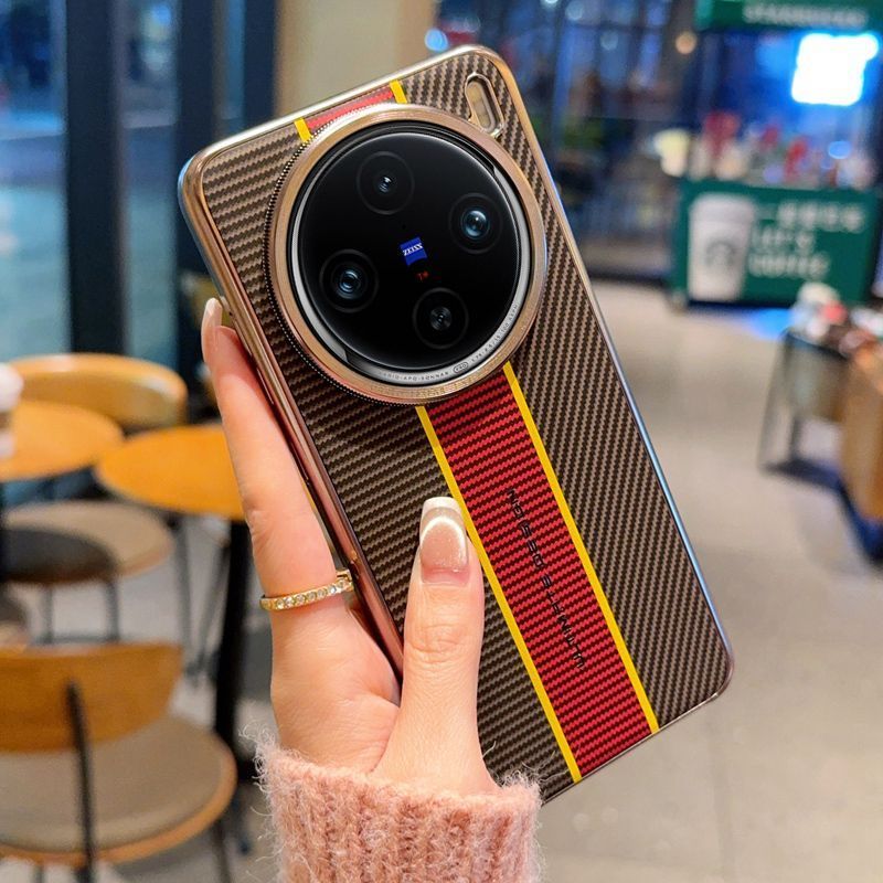 Casing Ponsel Motif Serat Karbon Warna Merah Kuning Cocok untuk VIVO X100S X100 Pro Ultra, Tahan Gun