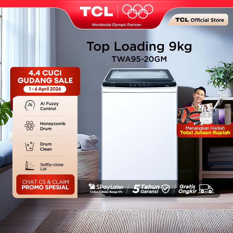 TCL Mesin Cuci 1 Tabung - Top Loading 9 KG - Honeycomb Crystal Drum - Auto Cleaning - Eight Wash Pro