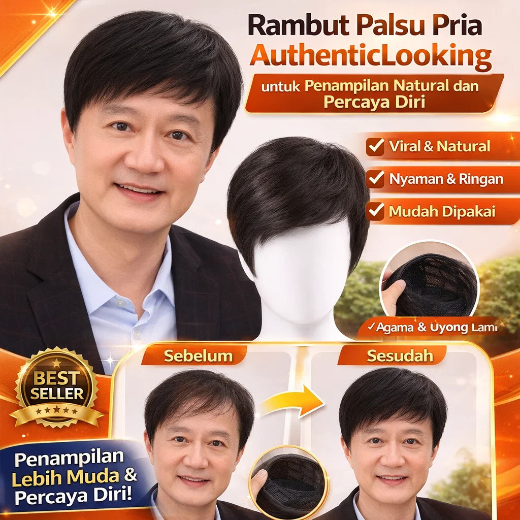 100% Asli/ [Super Alami/Ringan Bernapas]Rambut Palsu Penuh Bisnis Alami Dan Realistis Untuk Pria Usi