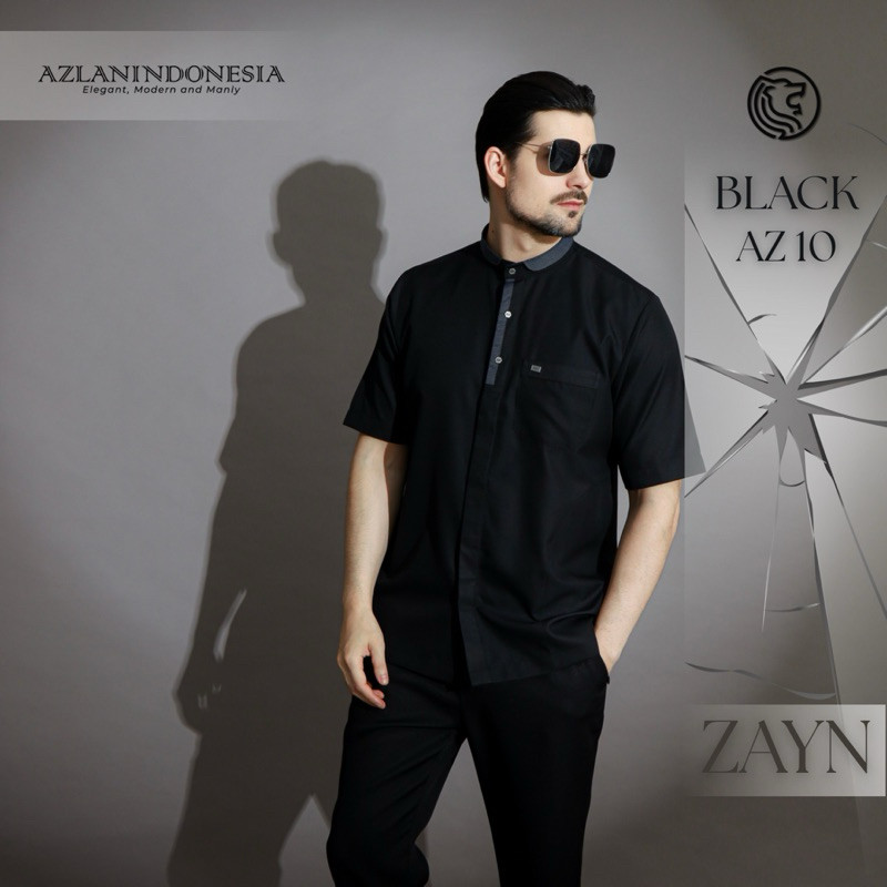 AZLAN Indonesia - Kemeja Koko Pria Zayn Hitam Baju Muslim Pria Warna Hitam Lengan Pendek AZ10