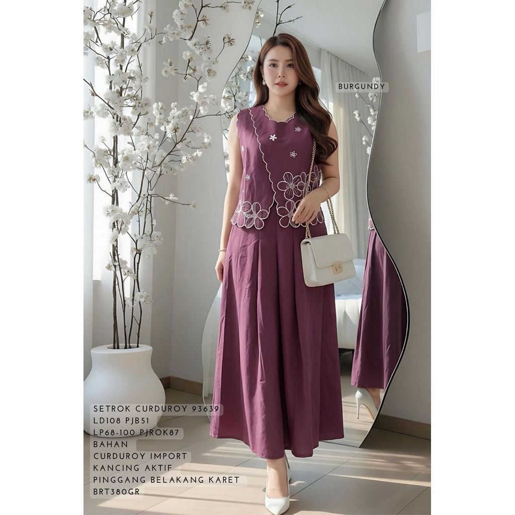 SET ROK SETELAN DRES WANITA SETELAN ROK BUNGA KATUN PREMIUM PANJANG CURDUROY  LINEN BORDIR PLISKET M