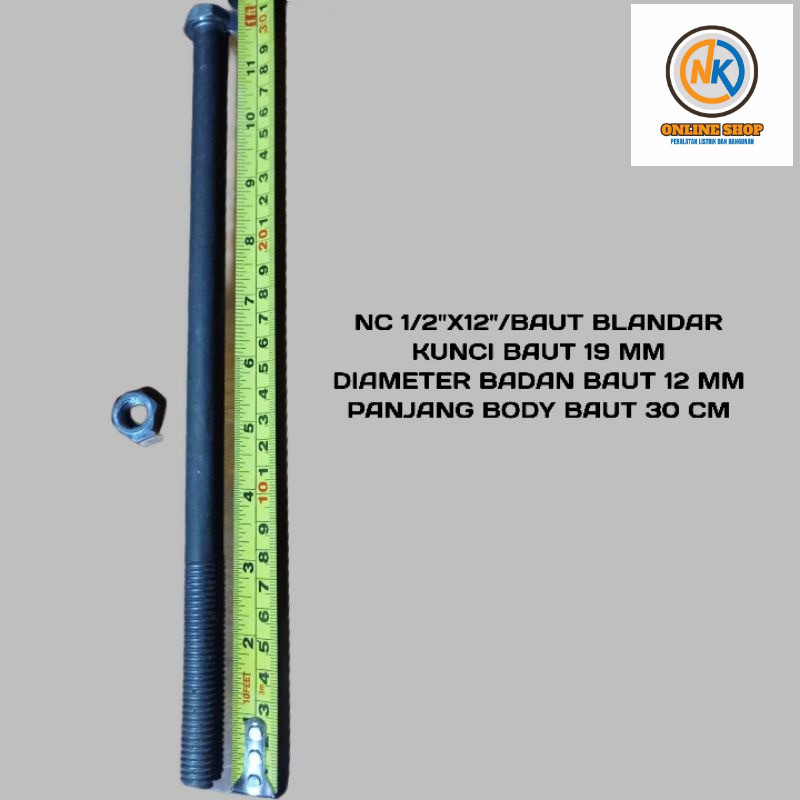 NK_ONLINESHOP MENJUAL BAUT BLANDAR 12 INCH KUNCI 19 PANJANG 30 CM-Baut Mur Balok Kayu  NC 1/2X12