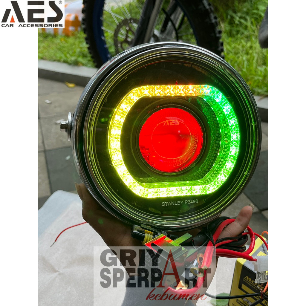 Lampu depan ninja SS biled Aes turbo V2 2,5inch 70 watt shroudnya  3 in RGB +Relay