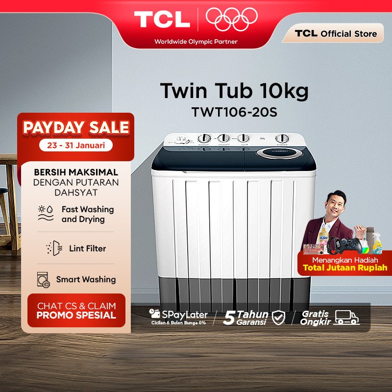 TCL Mesin Cuci 2 Tabung - Twintub 10KG - Lint Filter - Anti Karat - Anti Tikus (Model: TWT106-20S)