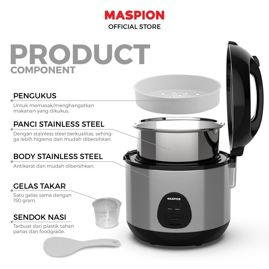 Rice Cooker Maspion MRJ 0623 BSSS Panci Stainless 0,6 Liter Magic Com Penanak Nasi Warmer Steamer Mi