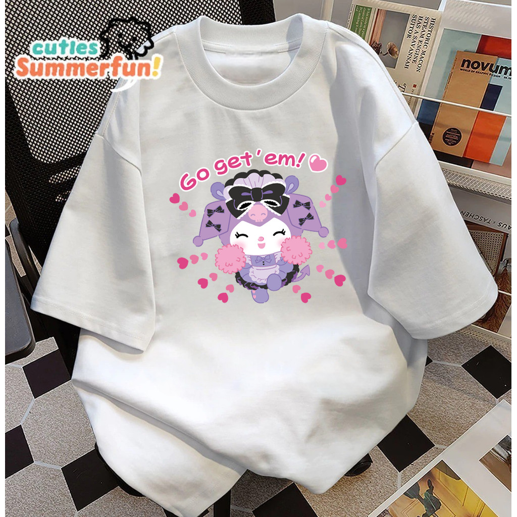 Kaos Oversize Kuromi & My Melody Lucu / T-shirt Wanita Motif Kartun "Go Get 'em" |Kaos Putih Oversiz