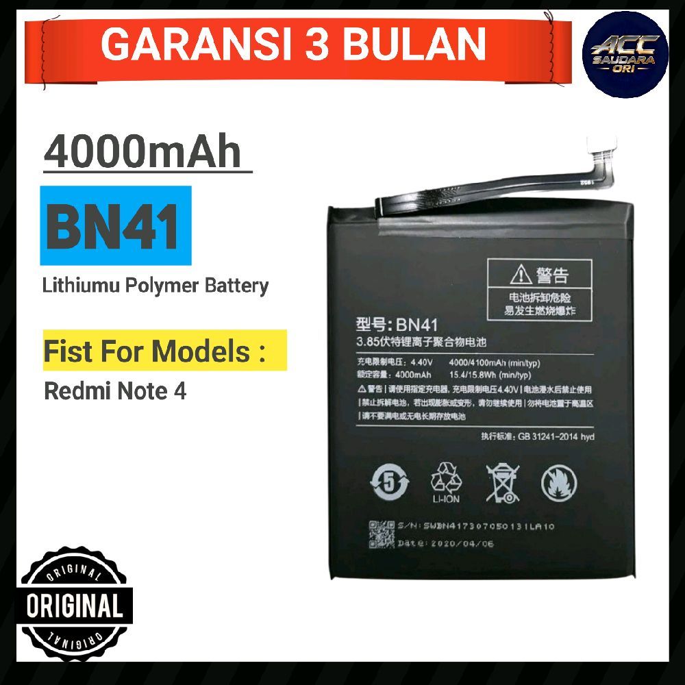 Baterai BN41 For: Redmi Note 4 Batrei Battery BN41 Original 100% Termurah