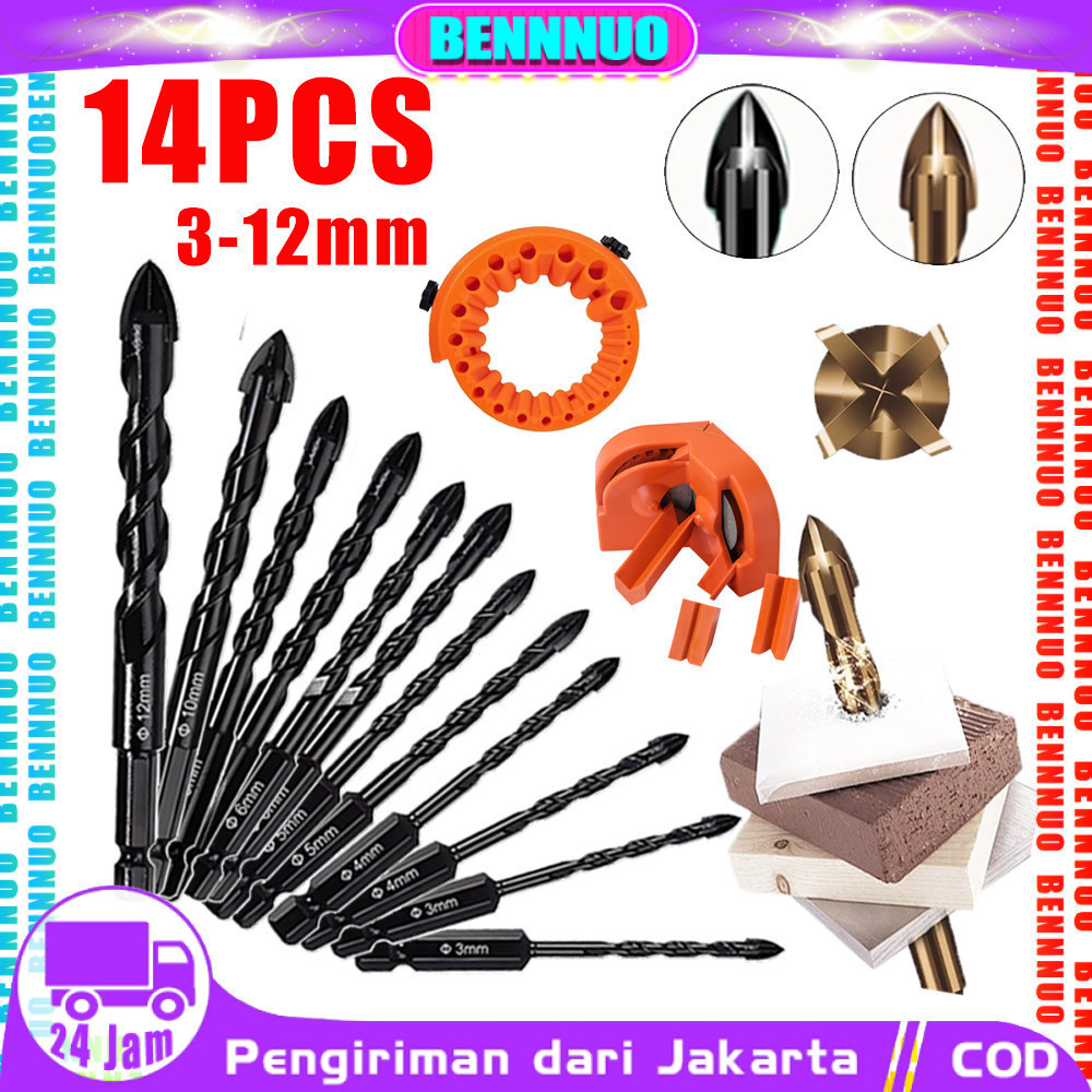 12pcs Mata Bor Cross Hex 3-12mm Mata Bor Bobok Beton Mata Bor Cross Hex Hex Tile Drill Bits Set Tria