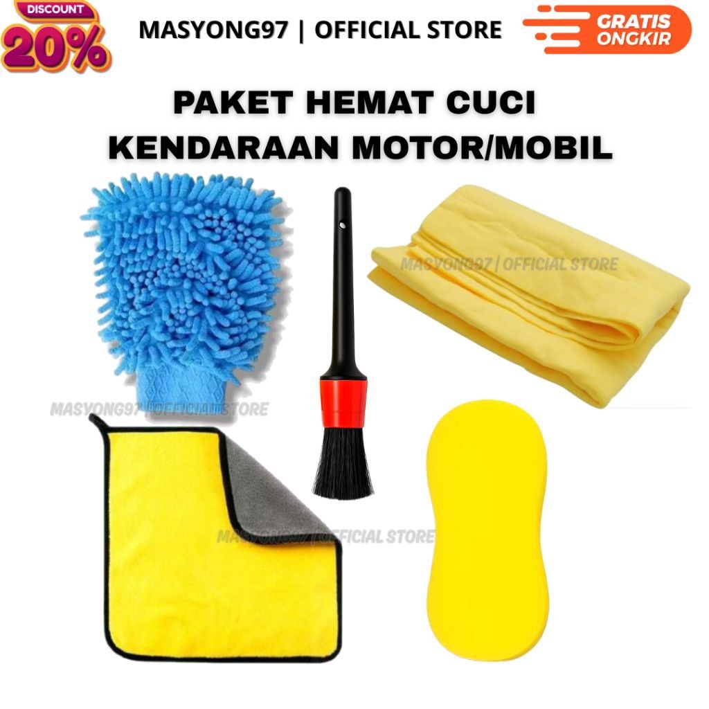 PAKET KUAS DETAILING & LAP MICROFIBER & SARUNG TANGAN CENDOL & KANEBO JUMBO & SPONS PREMIUM