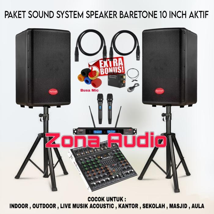 PAKET SOUND SYSTEM INDOOR OUTDOOR LIVE MUSIK SPEAKER BARETONE 10 INCH AKTIF MIXER 6 CHANNEL MURAH BE