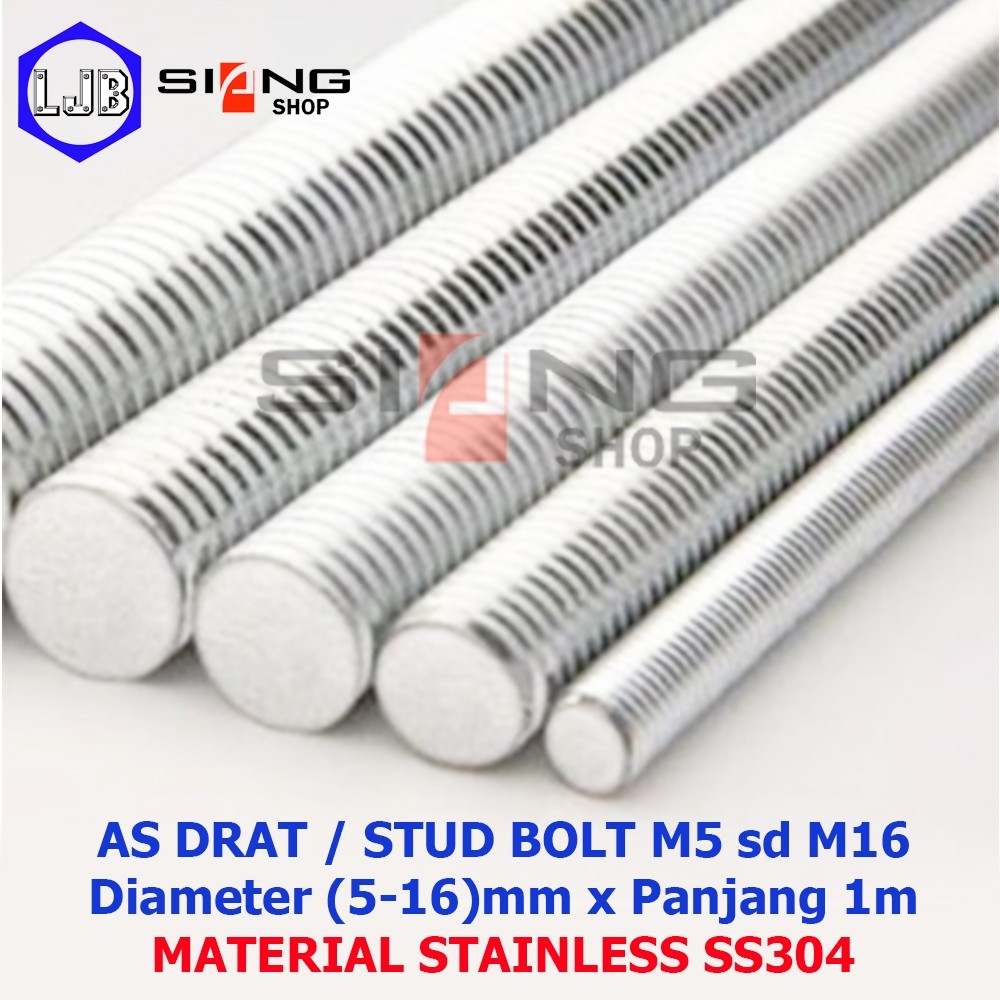 As Full Drat Baut Stainless Stut Bolt M5 sd M16 Panjang 1 Meter