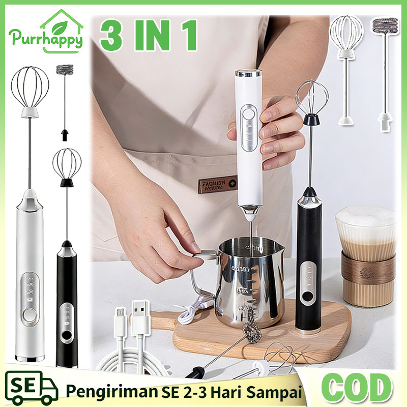 Purrhappy 3 IN 1 Pembuih Susu Kopi Electric Mixer Hand Mixer 3 Speed High Speed Portable Blender Mil