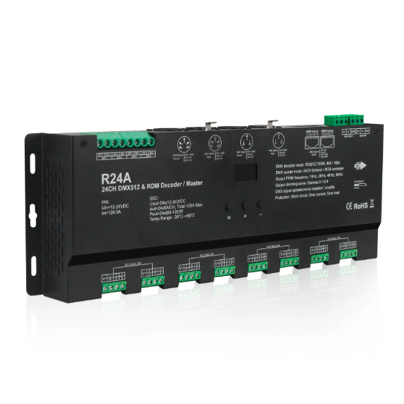 12V24V RGB LED Strip 24 CH DMX512&RDM DecoderMaster 5Ax 24CH DMX512 Decoder Controller PWM DMX512RDM