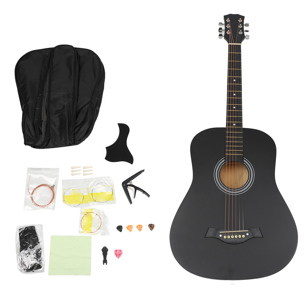 Acoustic Guitar Kit 38 Inch Black Matte Rounded Folk Guitar with Spare Strings Capo Picks Guard Plat