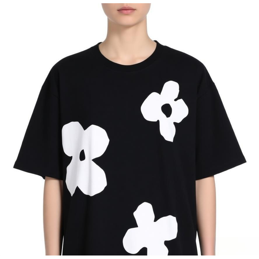 KAOS OVERSIZE WANITA HITAM | STYLE BUNGA PUTIH ABSTRAK | SIMPLE ELEGAN