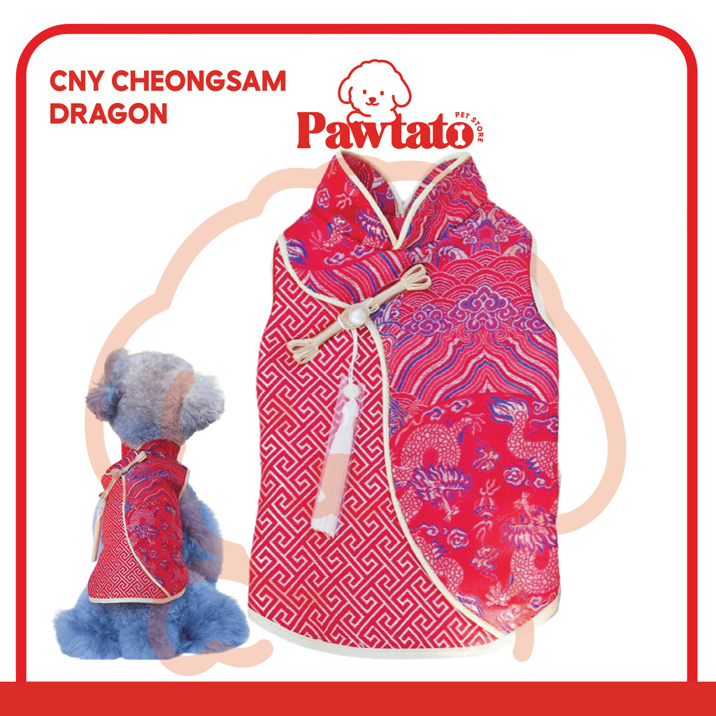 Baju Imlek Anjing Betina Cheongsam Dragon Chinese New Year Female Puppy Dog Dress Premium CNY Pawtat