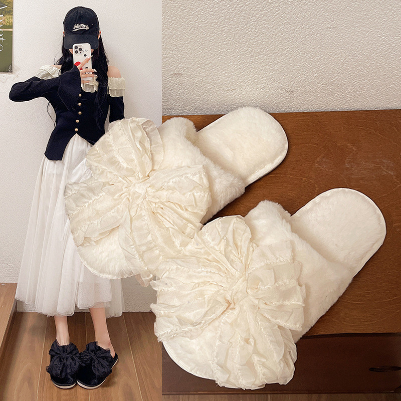 Sandal Bulu Gaya Chanel Wanita / Sandal Katun Rumah Sol Tebal Pita Besar / Sandal Dalam Ruangan Anti