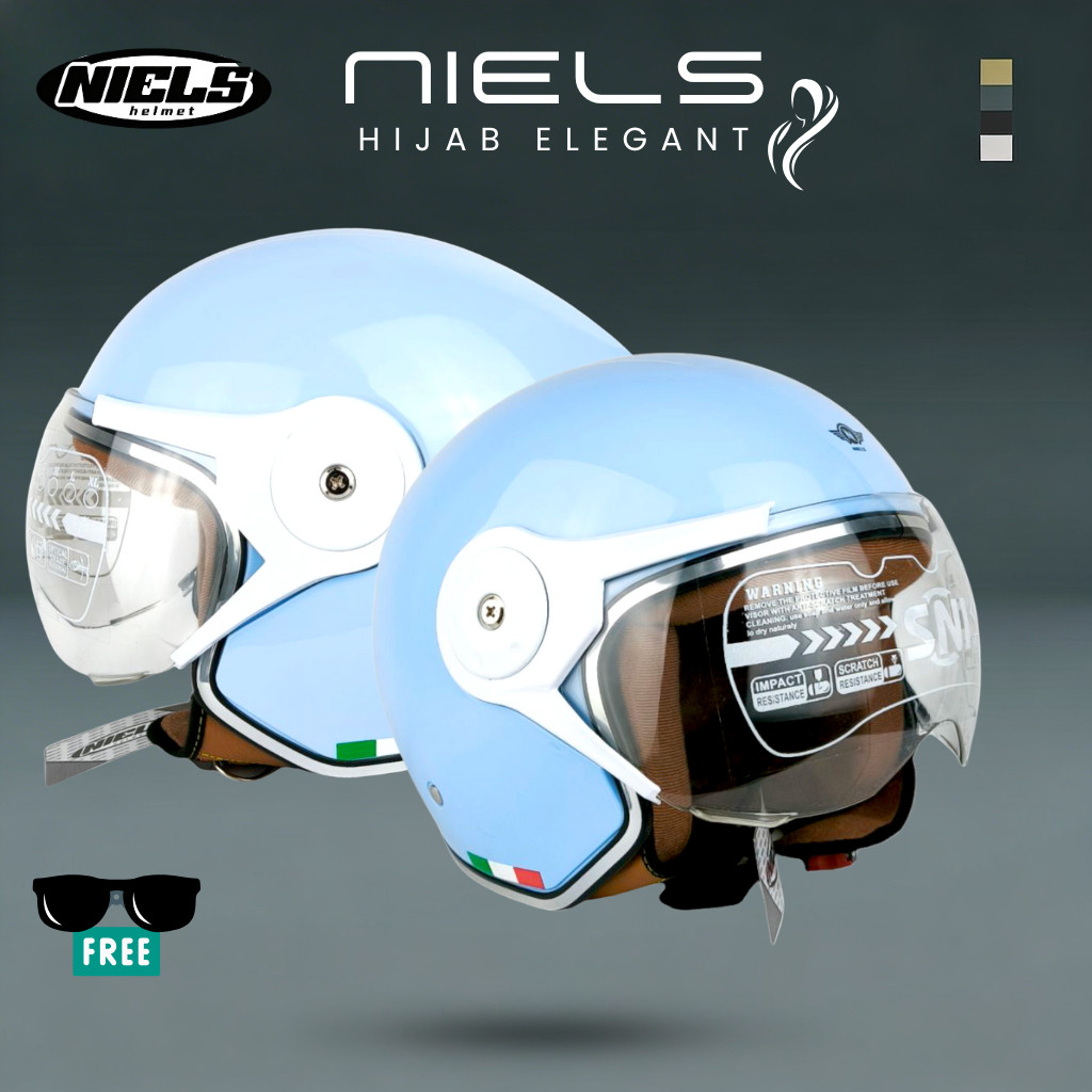 Helm Niels Hijab Elegant Biru Glossy Original SNI - Helm Bogo Wanita Kaca Pilot Hijab Friendly