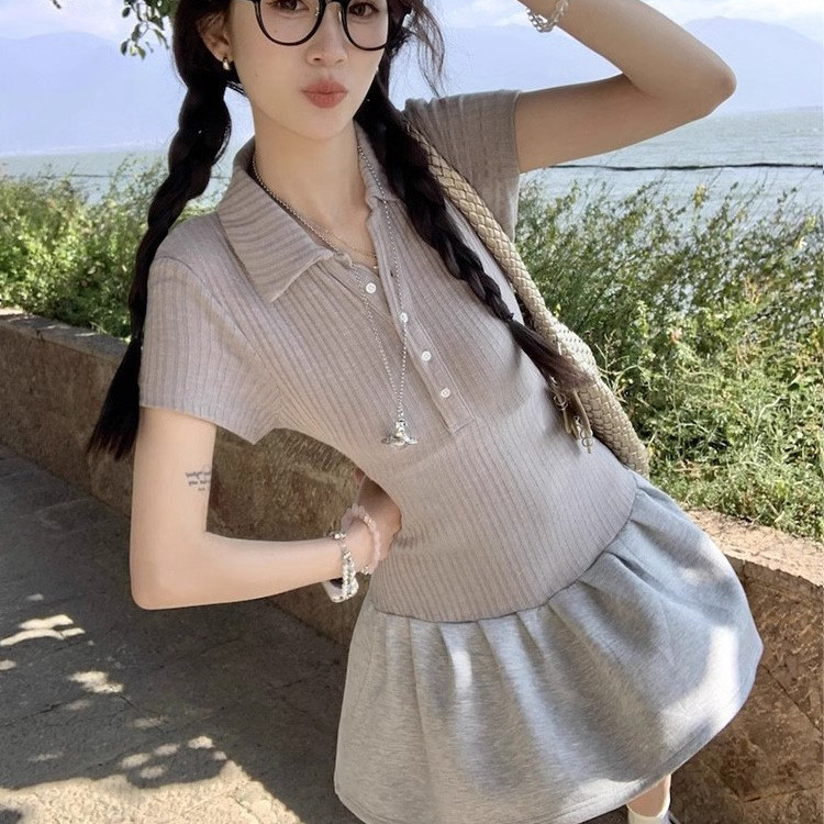 Viva La Moda Dress lengan pendek kerah polo abu-abu ala Korea, rok pelangsing pinggang