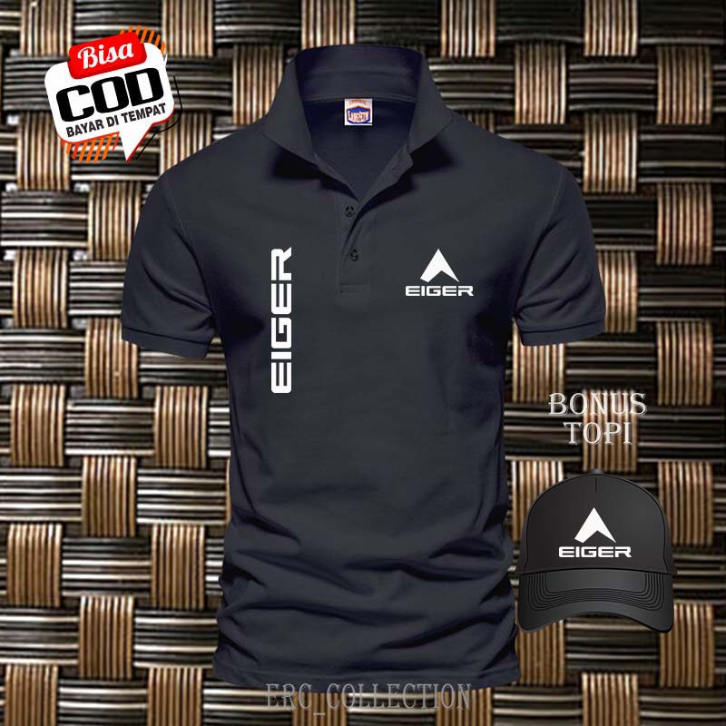 Get 1 pcs Kaos Polo Distro / Kaos T-Shirt / EIGER Text Kiri Kanan Putih Bonus Topi / Kaos Pria & Wan