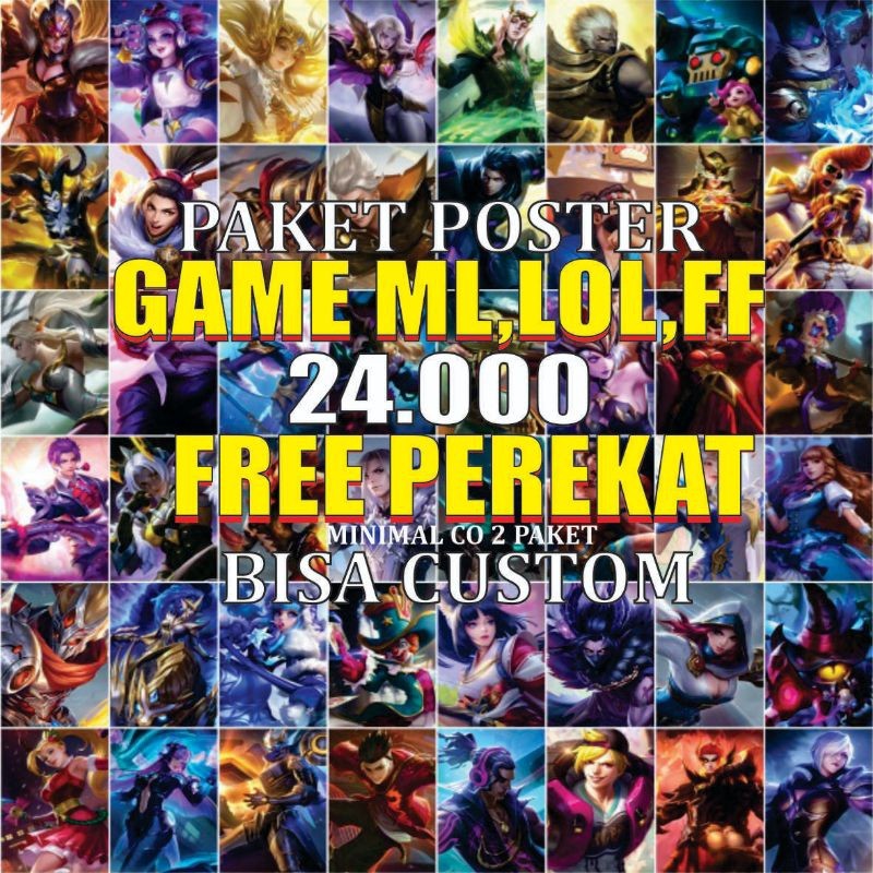 HJ promo TERMURAH poster pack game ff,ml,lol dan genshin isi 48 lembar bisa custom pake gambar kamu 