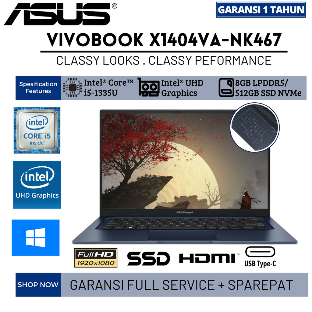 Asus VivoBook X1404VA-NK467 INTEL i5 GEN 13 RAM 8GB SSD 512GB 14"FHD WITH ASUS NUMPAD - Quiet Blue