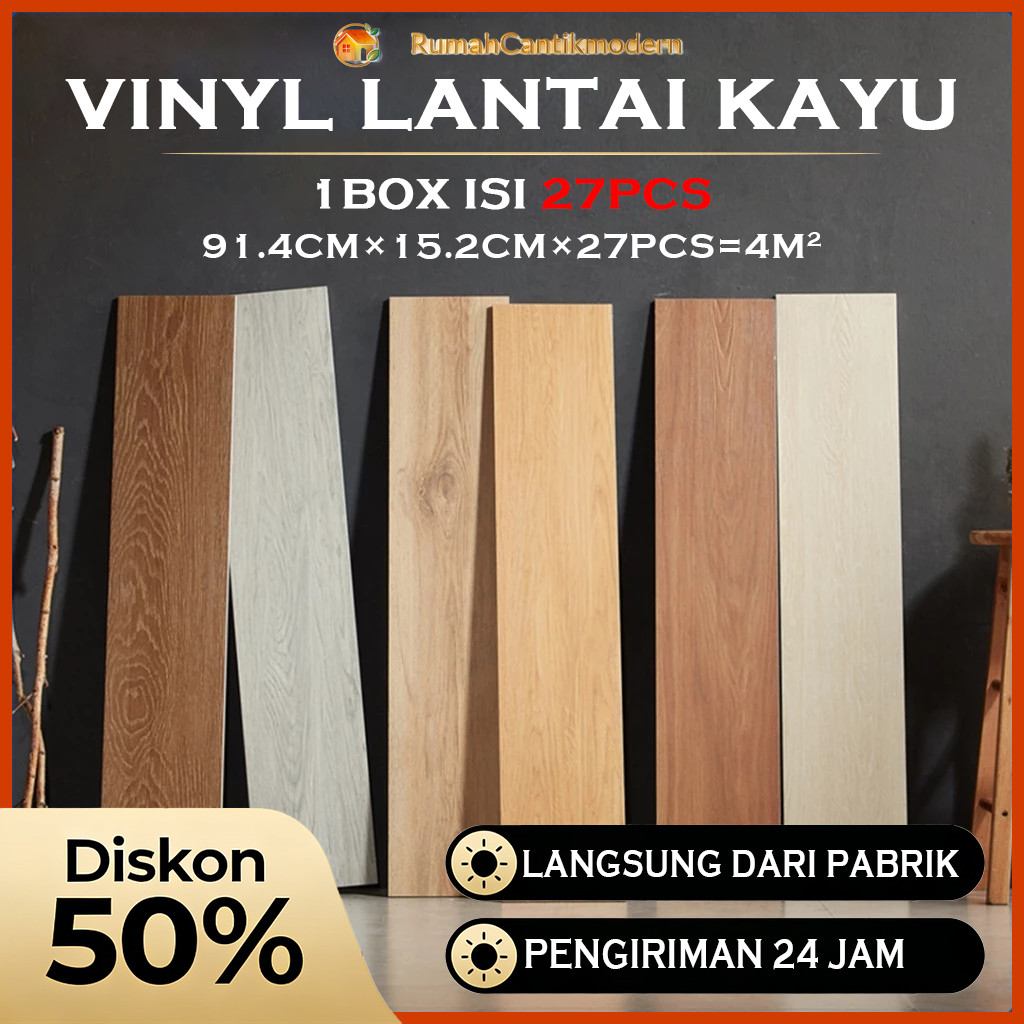 Lantai Vinyl Motif Kayu Floor Lantai Kayu Vinyl Parquet Anti Air PVC Premium 91.4x15.2cm Tebal 3mm