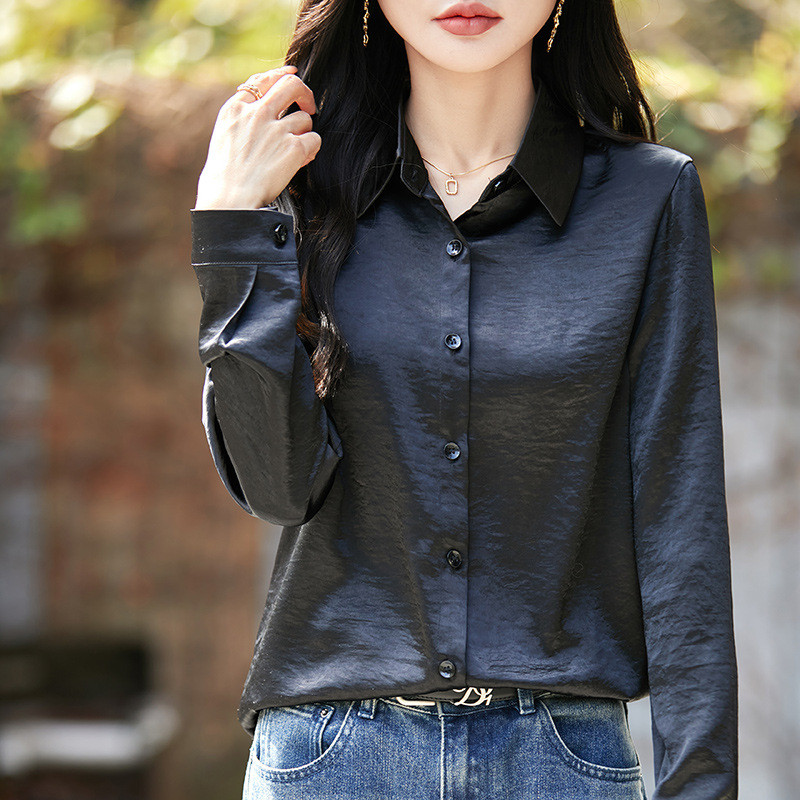 Kemeja wanita berbahan satin sutra mengkilap berkualitas tinggi Atasan kemeja cardigan longgar