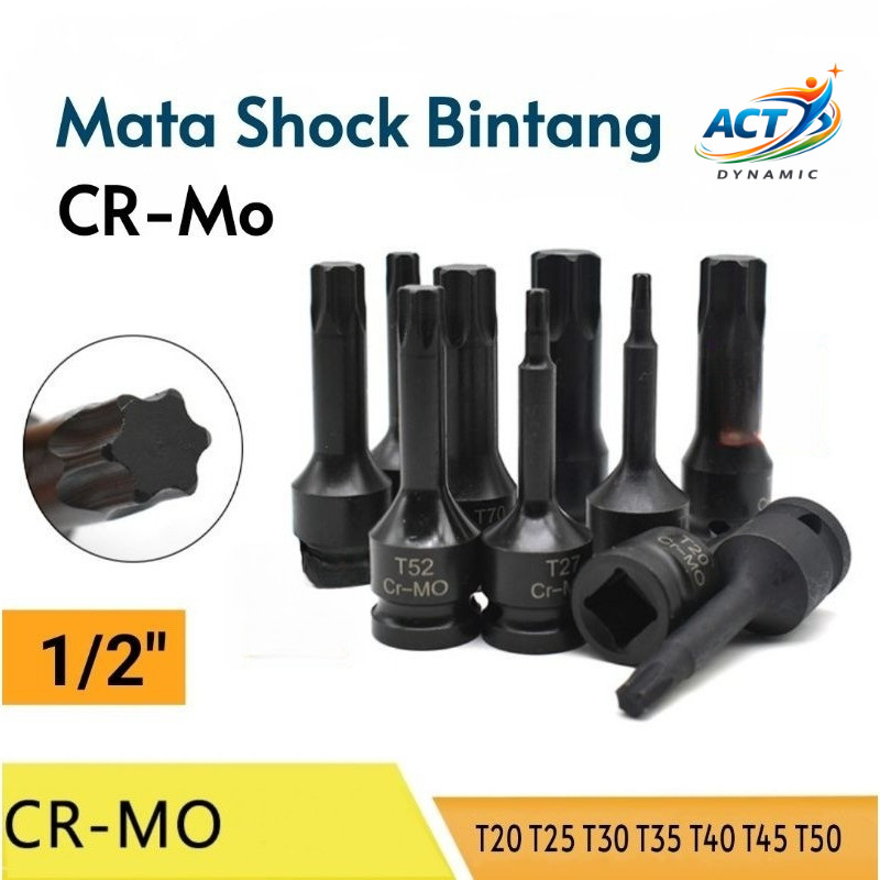 Mata Kunci Shock Bintang CR-Mo 1/2 Star Bit L T20 T25 T27 T30 T35 T40 T45 T50 Torx KeyTERBARU
