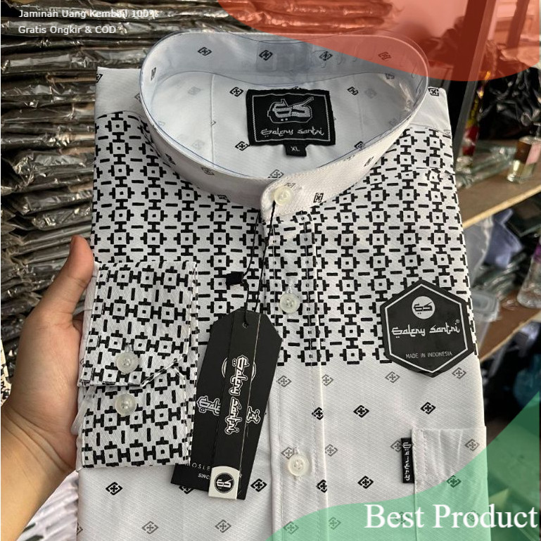 Baju koko Kemeja Sanghai Katun Songket Putih Polos Pria Dewasa Lengan Panjang  - Baju koko putih pol