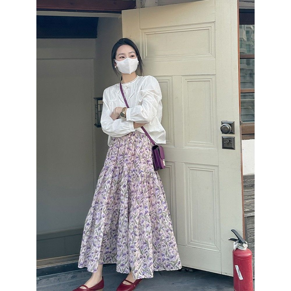 [COD]Rok midi motif bunga A-line warna ungu untuk wanita