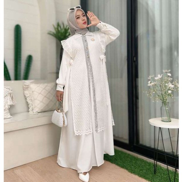 Kinan Set Dress,Gamis Wanita Outer brokat,Dress Pesta Kondangan Muslimah Model Rompi Brokat Premium,