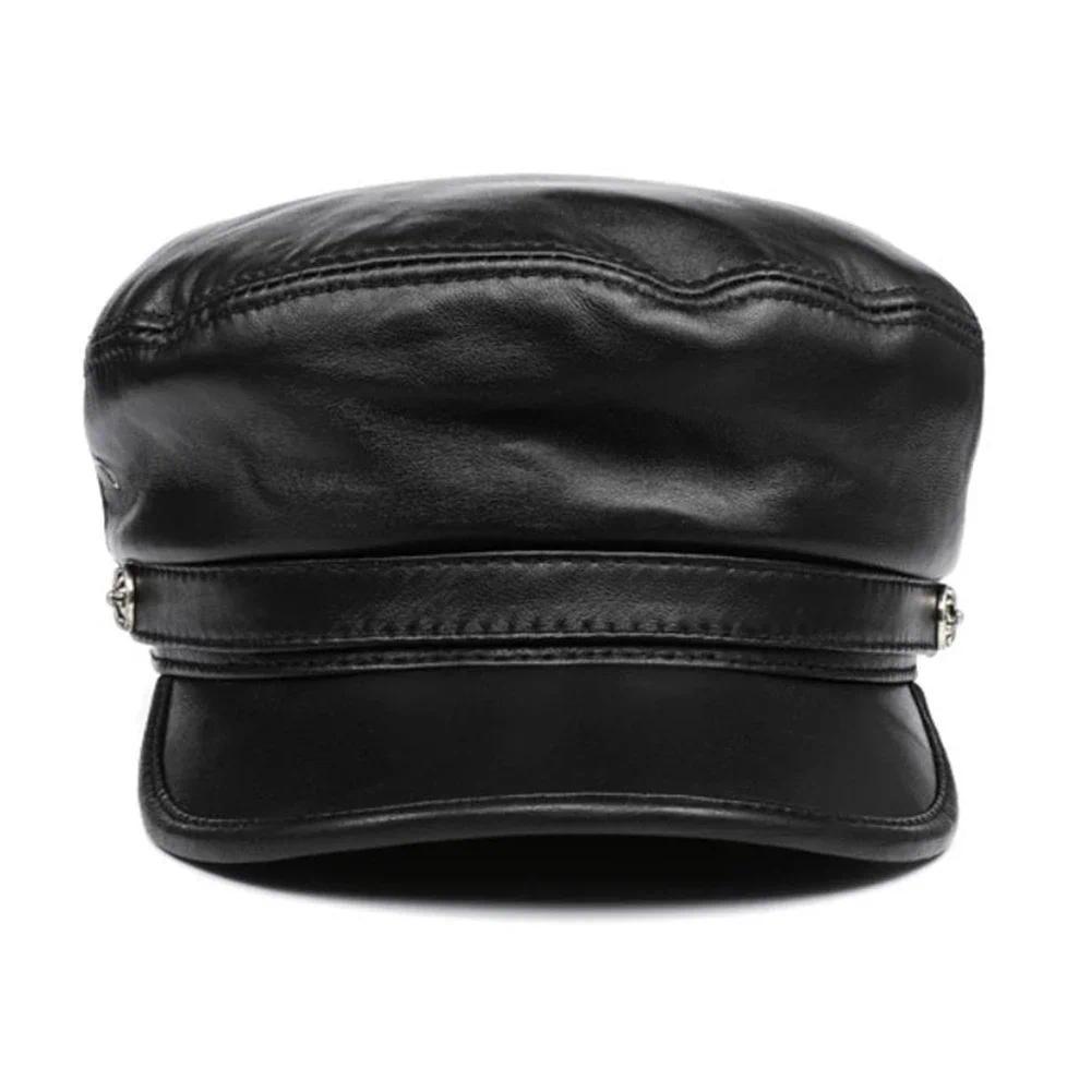 Real Leather Black Fiddler Hat Winter Women Men Real Sheepskin Military Hat Genuine Leather Retro La