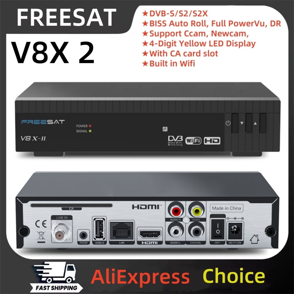 FREESAT V8X 2 Satellite TV Receiver DVB-S2X/S2/S,H.264/H.265 HD Built-in WIFI,MARS/CCAM/FunCam Versi
