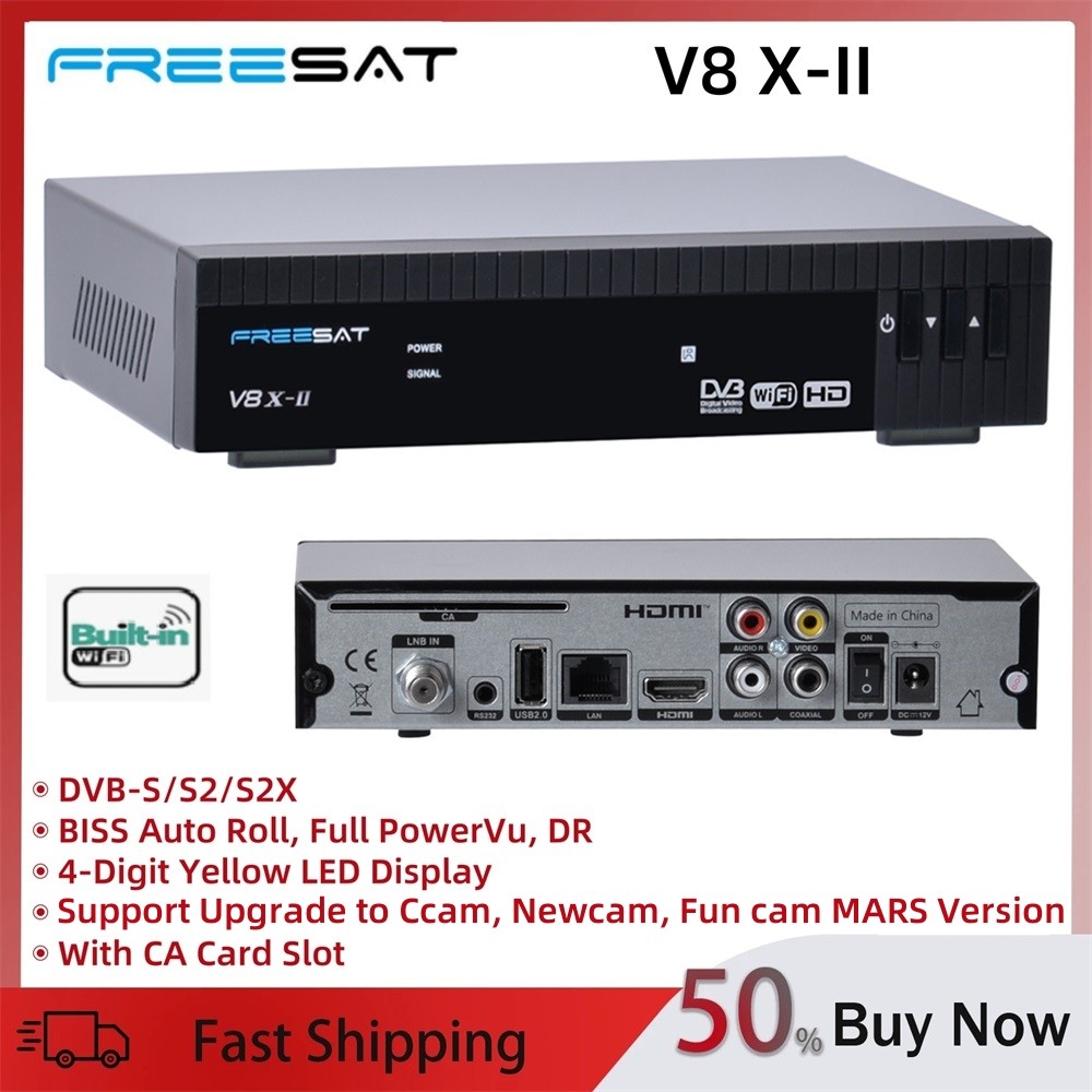 FREESAT V8X 2 Satellite TV Receiver Support DVB-S2X/S2/S,H.264/H.265 Built-in WIFI Support FunCam/MA