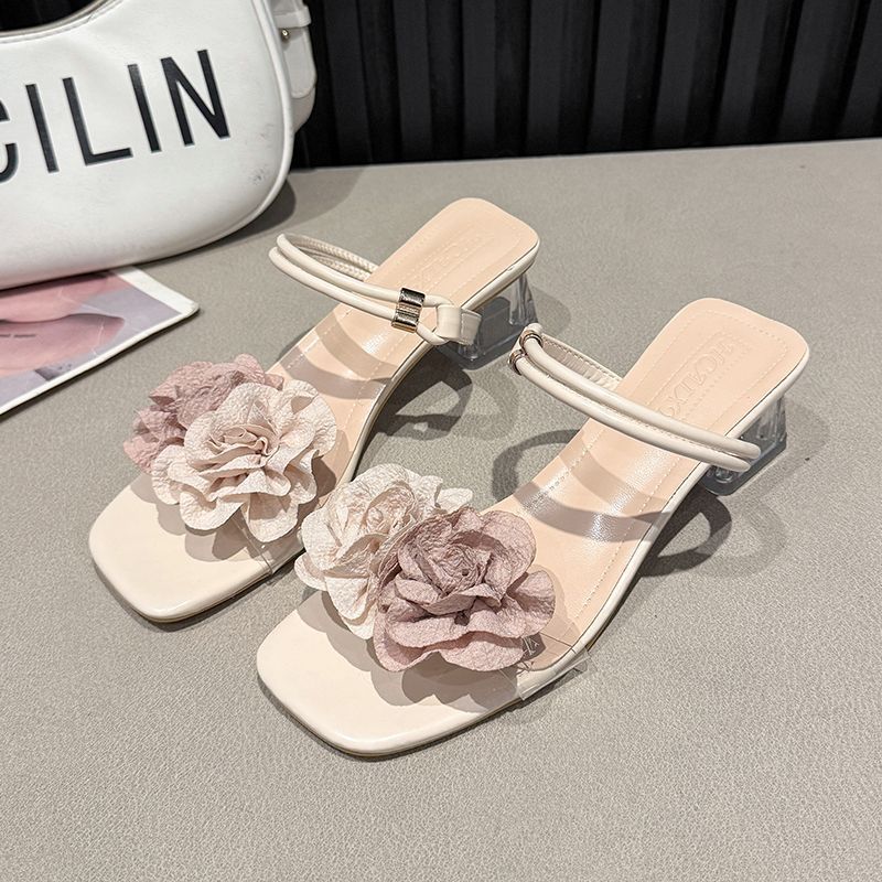 [COD] Sandal Motif Bunga Untuk Wanita Hak Sedang Kristal Sandal Terbuka Dua Arah Transparan