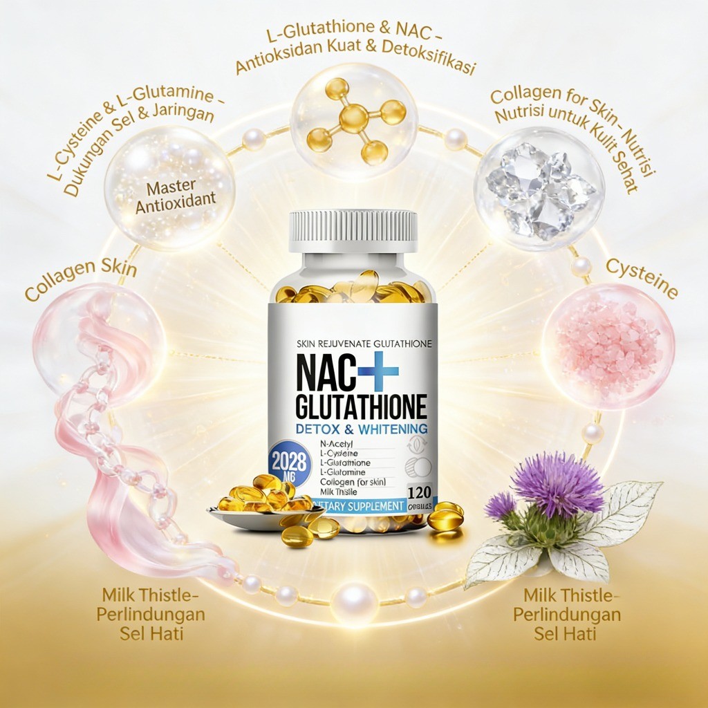 Skin Rejuvenate Glutathione NAC L-Glutathione L-Cysteine Milk Thistle Collagen 2028mg 120 Kapsul LY3