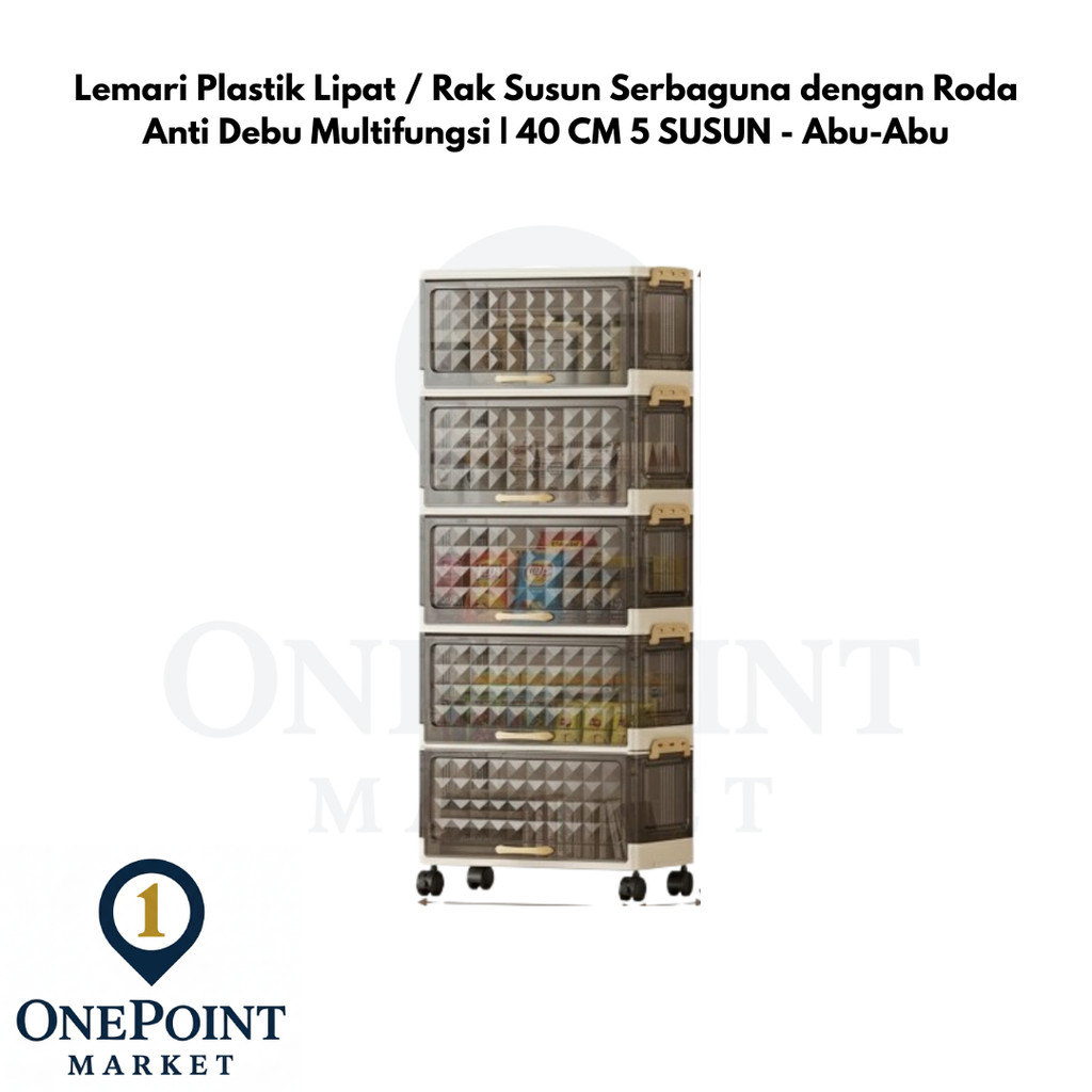 Lemari Plastik Lipat / Rak Susun Serbaguna dengan Roda Anti Debu Multifungsi | 40 CM 5 SUSUN - Abu-A